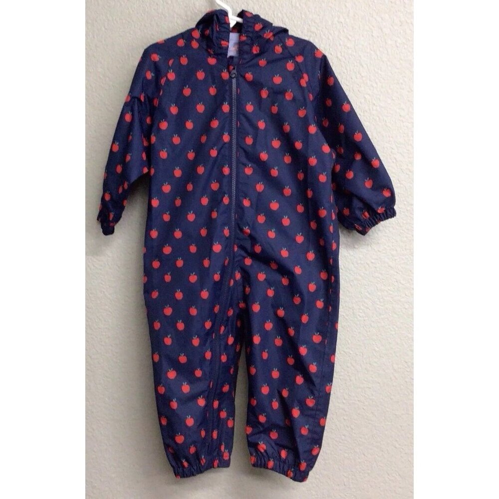 Baby Boden Navy Hooded One-Piece Rain Suit with Red Apple Print